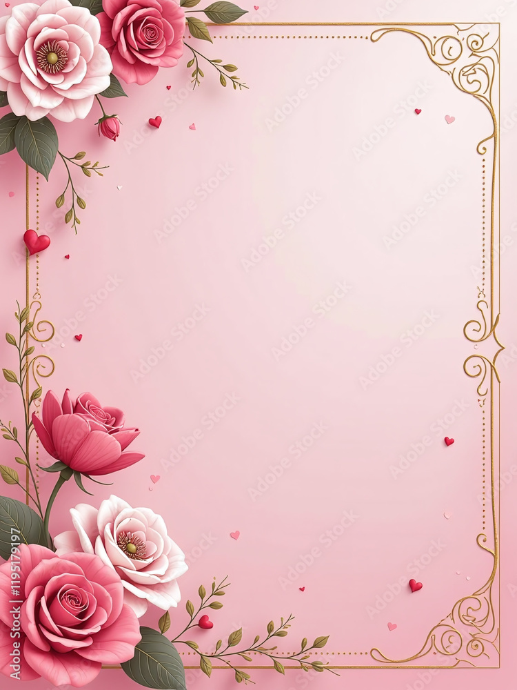 Poster A Heartwarming Design For A Romantic Valentines Card Features A Soft Pink Background With Intricate Floral Patterns And Delicate Golden Accents. 00001