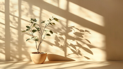 Minimalistic concept of a green plant in front of a beige wall with sunlight streaming through a window, casting soft shadows on the floor. Perfect for interior design, natural light, and mockup backg