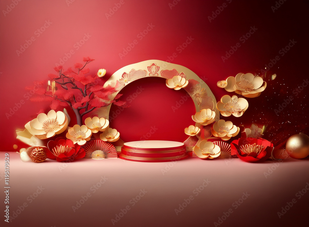 Poster red and gold festive scene with a circular frame, 3d paper flowers, and a display podium. perfect fo