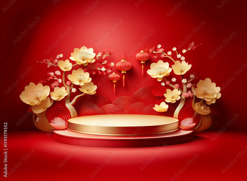 Poster a golden circular podium sits amidst a vibrant red backdrop adorned with paper flowers and lanterns,