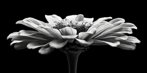 Elegant black and white zinnia flower with layered petals centered against a dark background highlighting delicate textures and offering ample copy space
