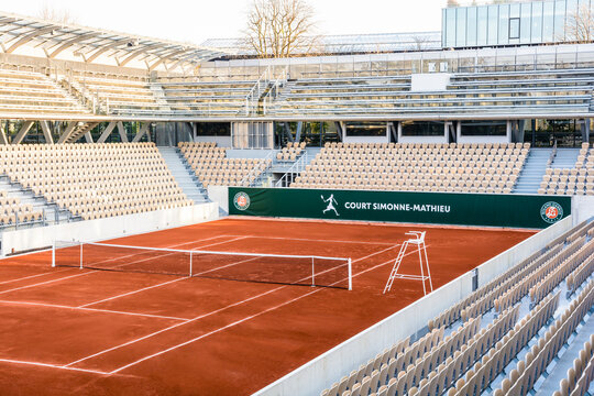 Paris, France - March 21, 2019: The Simonne Mathieu tennis court in Roland Garros stadium, where the French Open takes place, is named after a french former tennis champion and resistant fighter.