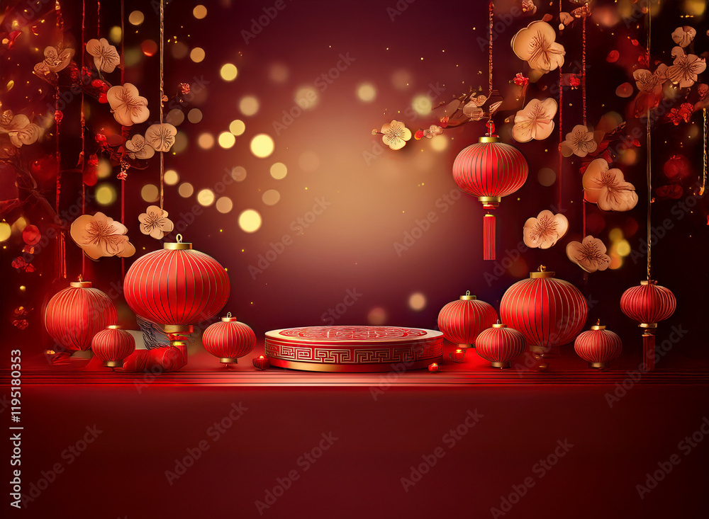 Poster elegant red lanterns and plum blossoms adorn a festive, circular display platform against a bokeh ba