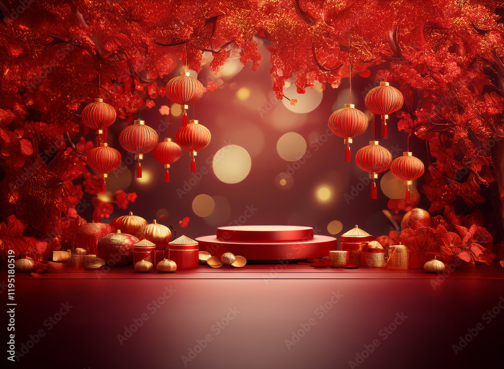 Poster red and gold festive scene with lanterns, bokeh, and a display podium. perfect for showcasing produc