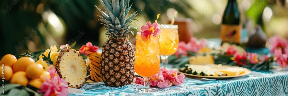 Poster summer picnic featuring pineapples and tropical drinks surrounded by colorful flowers and fruits in 
