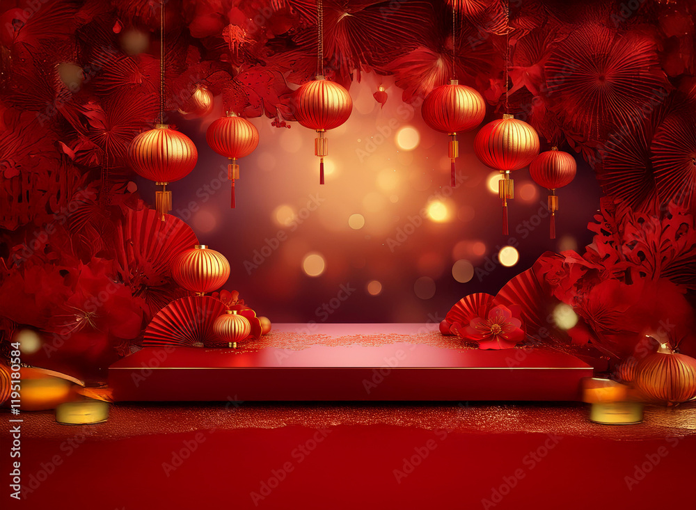 Aufkleber a festive red and gold scene perfect for lunar new year celebrations. red lanterns, fans, and bokeh 