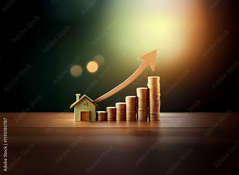 Aufkleber a miniature house sits beside a rising stack of coins, symbolizing increasing property value and fin
