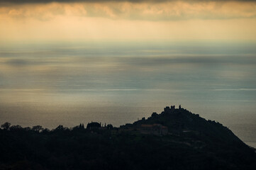 sunset over the Tyrrhenian Sea during a spring day with a cloudy sky, seen from Maierà, Cosenza
