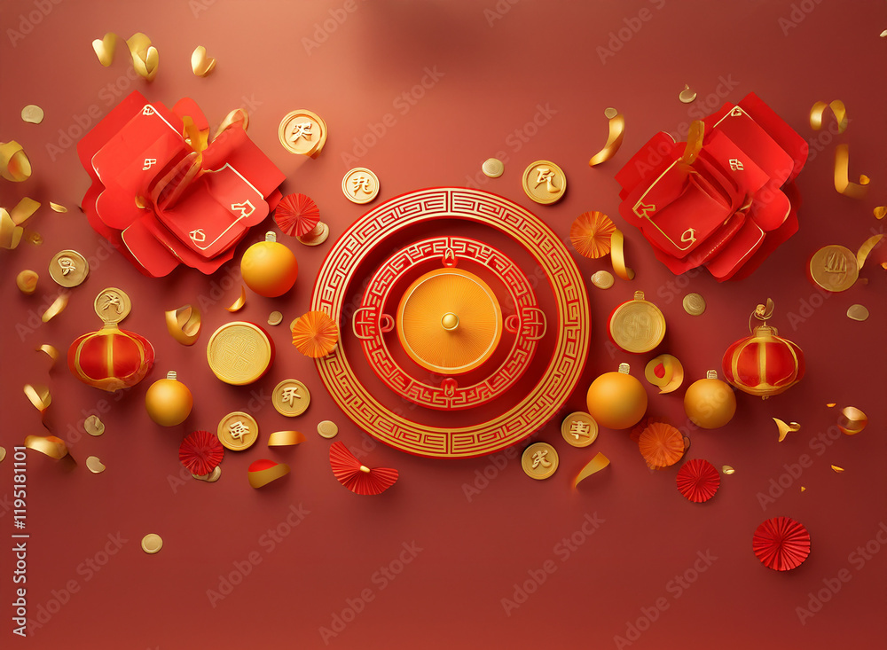 Poster red and gold festive design with lanterns, coins, and confetti, celebrating a prosperous new year. a