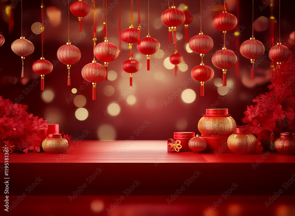 Poster Red lanterns hang against a blurred bokeh background, illuminating a product display stage adorned with festive red and gold containers.  Perfect for celebrating Lunar New Year.
