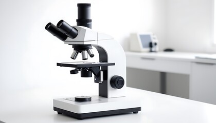 A minimal microscope on white table in laboratory background with copy space