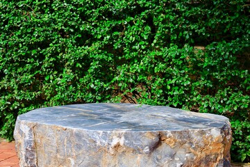 Obraz premium A natural stone table set against a lush green hedge, perfect for outdoor gatherings and relaxation.