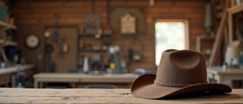 Rustic workshop interior with woodworking tools and a cowboy hat on a wooden table, capturing a serene atmosphere for artisans and craft enthusiasts