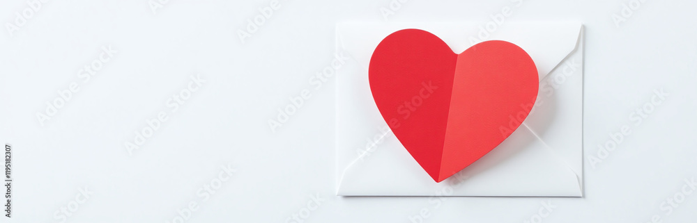 Poster a bright red heart pattern is visible from above on a plain white envelope against a clean white bac