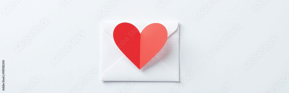 Poster a bright red heart pattern is visible from above on a plain white envelope against a clean white bac