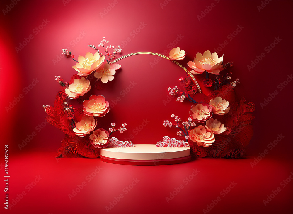Aufkleber Elegant red background features a circular, white display platform adorned with paper flowers and foliage, creating a festive and celebratory mood.  Ideal for product display or holiday greetings.