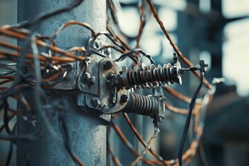 Fototapeta premium Rusty metal contraption, tangled wires, weathered pole.