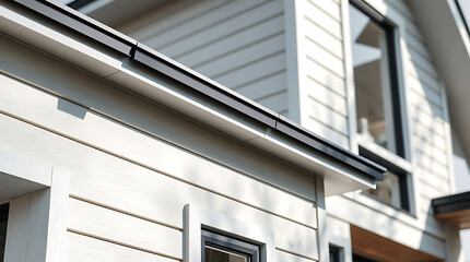 Fototapeta premium Modern House Exterior: White Siding, Black Gutters, and Clean Architectural Design. Real Estate, Home Improvement