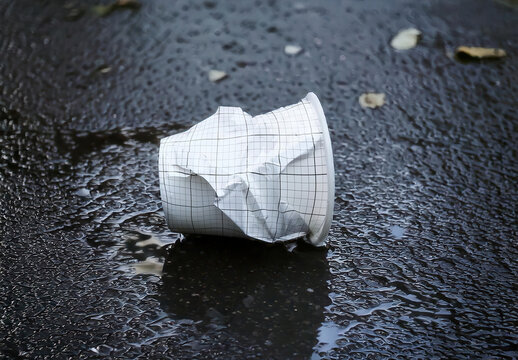Crushed Paper Cup on Street Floor Mockup