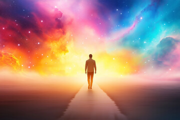 Fototapeta premium person walking on path in vibrant cosmic landscape filled with colorful nebulae and stars, evoking sense of wonder and exploration