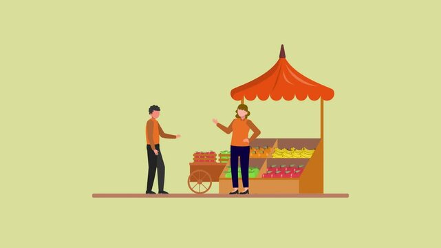 Animated video Outdoor street market concept. Full length animation illustration. High quality 4k footage.