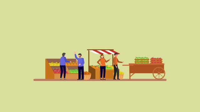 Animated video Outdoor street market concept. Full length animation illustration. High quality 4k footage.