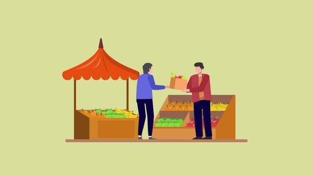 Animated video Outdoor street market concept. Full length animation illustration. High quality 4k footage.