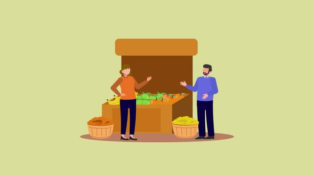 Animated video Outdoor street market concept. Full length animation illustration. High quality 4k footage.