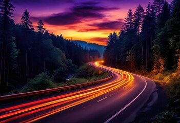 There is a winding road that passes through a dense forest at night
