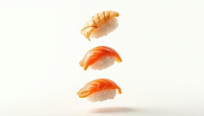 A creative tower composition of flying imbalanced sushi, magazine cover design, white background, high detail
