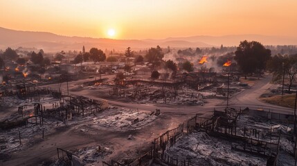 Aerial view of a city devastated by wildfire, highlighting destruction and recovery efforts.