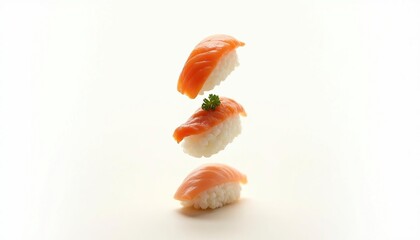 A creative tower composition of flying imbalanced sushi, magazine cover design, white background, high detail
