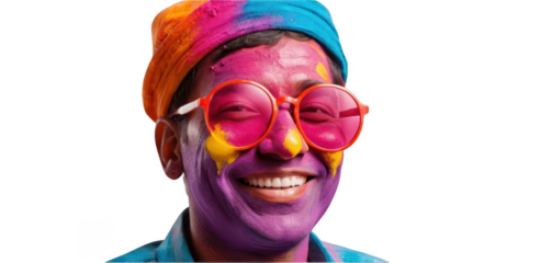 A cheerful person wearing a Holi-themed hat and round sunglasses, with vibrant color powder on their face, isolated on a white transparent background PNG.