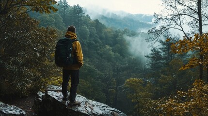 Person standing on a rock in a forest, symbolizing the journey and reflection in sobriety recovery.