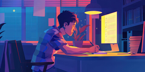Young Person Working at Desk at Night with Checklist on Computer Screen