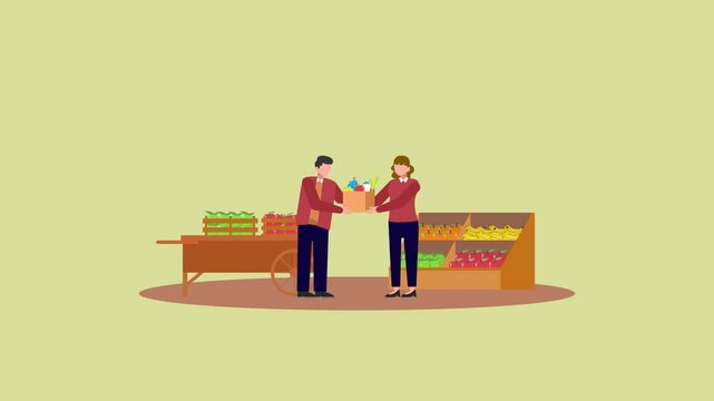 Animated video Outdoor street market concept. Full length animation illustration. High quality 4k footage.