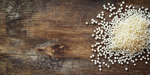 Tapioca pearls scattered on a rustic wooden surface with plenty of empty space on the left for text or branding. Warm brown tones dominate.