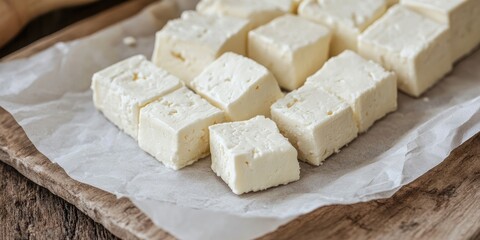 Feta cheese cubes arranged neatly on white parchment paper over a rustic wooden surface with a blurred background and natural lighting.