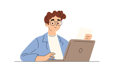 Office employee sitting at a desk with a laptop, holding a business document in hand. Man reviewing a CV or application form. Flat vector illustration on a white background.
