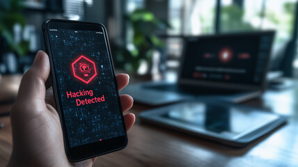 Hacking Detected on Smartphone:  A close-up shot of a smartphone displaying a warning message, "Hacking Detected," with a skull symbol.