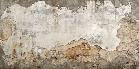 Textured aged concrete wall with cracked stucco background in shades of gray and brown, featuring irregular patterns and peeling layers.