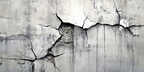 Obraz premium Cracked gray concrete wall with deep fissures and rough texture creating a distressed industrial background with muted tones and shadows.