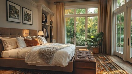 Tranquil Bedroom Sanctuary: A luxurious bedroom bathed in the warm glow of the setting sun, featuring a plush king-sized bed with fluffy bedding, a cozy ottoman. - Powered by Adobe