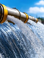 Fototapeta premium Water Flowing from Industrial Pipes with Bright Blue Sky Background