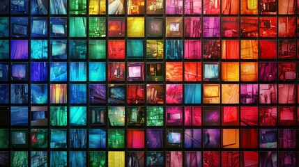 Vibrant multimedia wall with colorful channels, symbolizing diverse digital content.