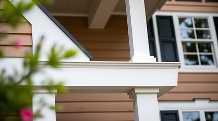 Fototapeta premium White Columns and Peach House Exterior: A Classic Home Design - Real Estate Photography