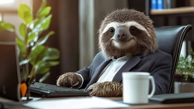 funny sloth in business suit sitting in modern office