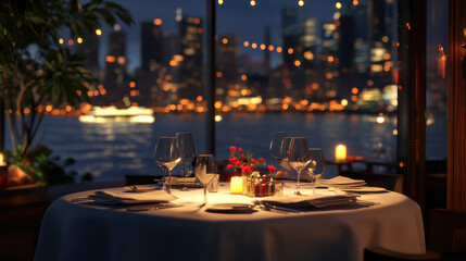 Elegant dining table with candles and flowers, city skyline view at night, creating romantic atmosphere