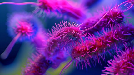 Close-up view of salmonella bacteria under a microscope, showcasing vibrant colors and rod-shaped structure, representing microbiology and scientific research concepts.