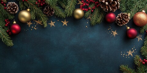 Festive dark backdrop with evergreen branches gold red ornaments pine cones and golden stars arranged elegantly on a deep blue surface